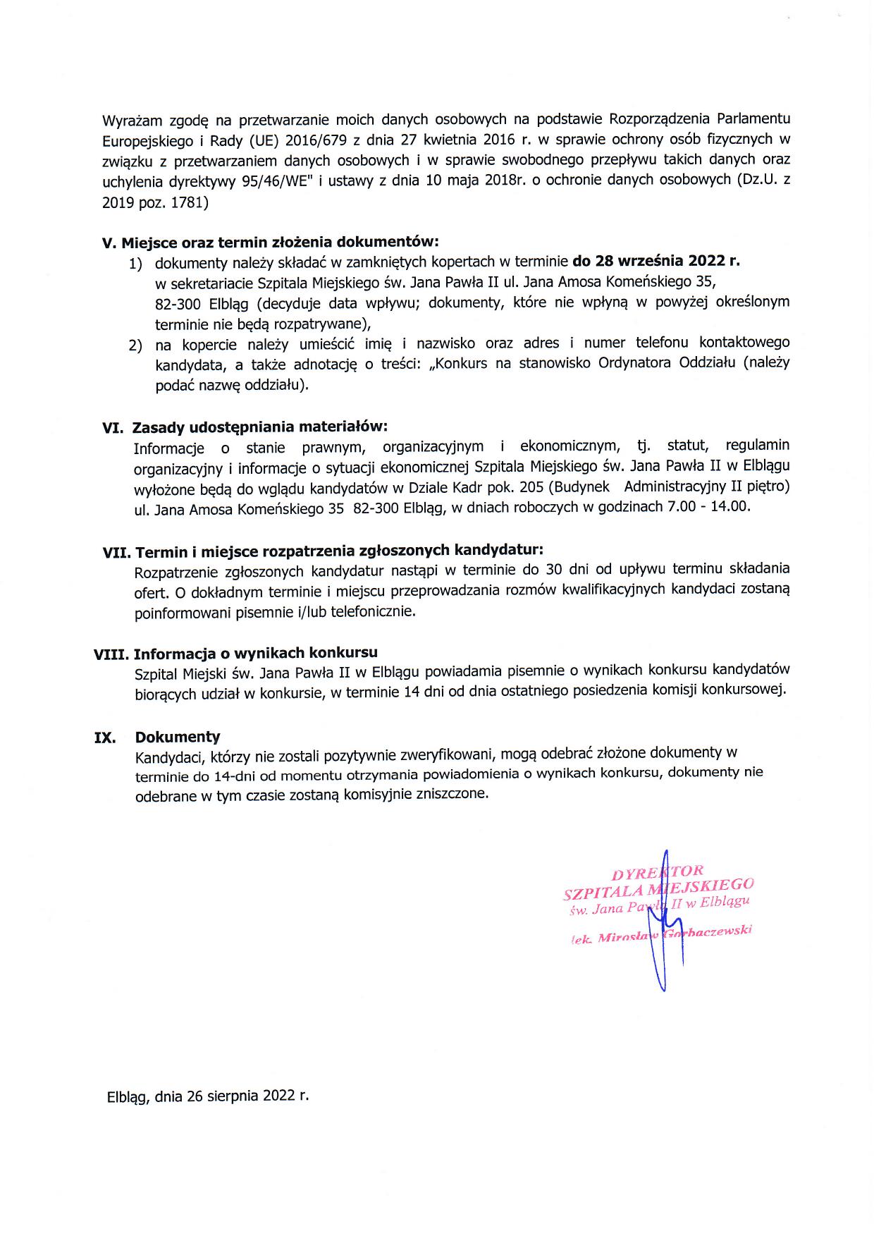 Ogłoszenie o konkursie na stanowisko Ordynatora Oddziału Chirurgii Dziecięcej cz2