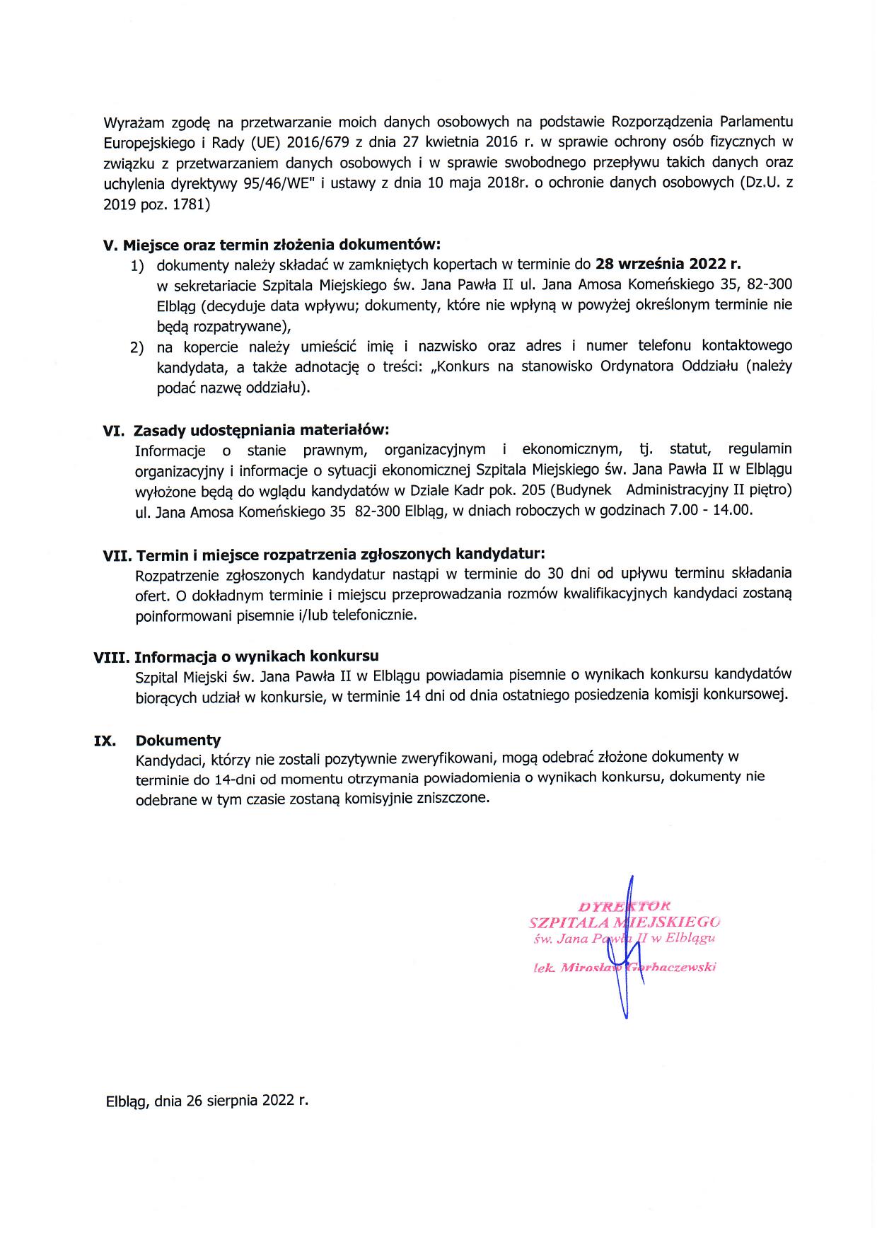 Ogłoszenie o konkursie na stanowisko Ordynatora Oddziału Chorób Wewnętrznych cz2